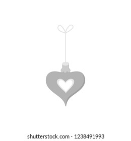 Hanging christmas bauble on string vector illustration icon. Heart ornament in silver, grey shades. Festive traditional seasonal decoration.