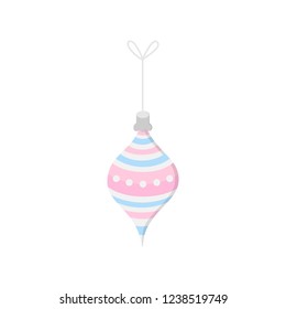 Hanging christmas bauble on string vector illustration icon. Drop ornament in silver, grey, blue and pink colors. Festive traditional seasonal decoration.