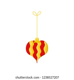 Hanging christmas bauble on string vector illustration icon. Heart ornament in yellow, gold and red colors. Festive traditional seasonal decoration.