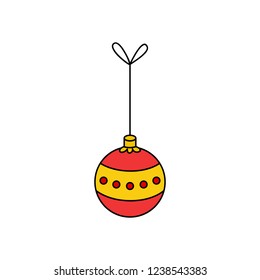 Hanging christmas bauble on string vector outlined illustration icon. Ball ornament in yellow, gold and red colors. Festive traditional seasonal decoration.