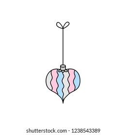 Hanging christmas bauble on string vector outlined illustration icon. Heart ornament in silver, grey, pink and blue colors. Festive traditional seasonal decoration.