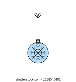 Hanging christmas bauble on string vector outlined illustration icon. Ball ornament in silver, grey and blue colors. Festive traditional seasonal decoration.