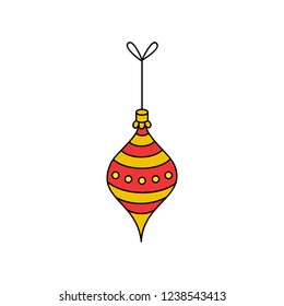 Hanging christmas bauble on string vector outlined illustration icon. Drop ornament in yellow, gold and red colors. Festive traditional seasonal decoration.