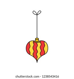 Hanging christmas bauble on string vector outlined illustration icon. Heart ornament in yellow, gold and red colors. Festive traditional seasonal decoration.