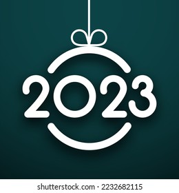 Hanging christmas bauble outline with 2023 sign on green background.