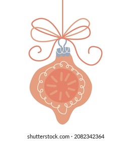 Hanging Christmas bauble and ribbon   bow for Christmas card  Freehand isolated element  Vector flat Illustration  Only 5 colors    Easy to recolor 