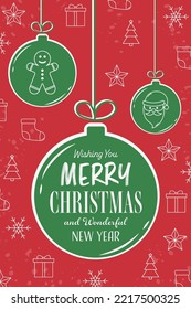 Hanging Christmas baubles. Concept of a greeting card with wishes. Vector illustration
