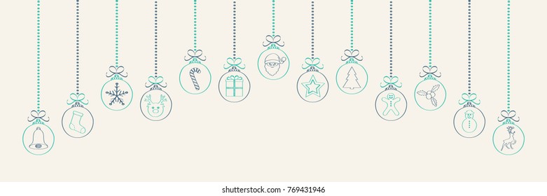 Hanging Christmas baubles with different hand drawn ornaments. Vector.