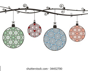hanging christmas baubles with patterns