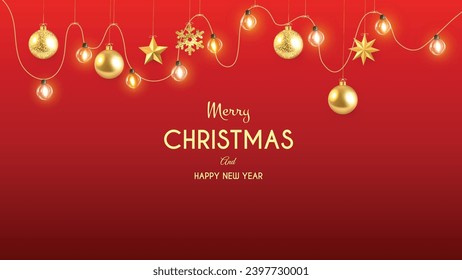 Hanging Christmas baubles, vintage christmas light and golden glitter stars on red background.