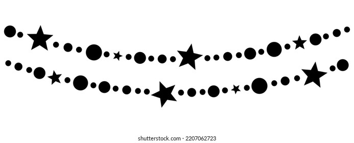 hanging christmas bead with star shape elements garland black filled vector border, simple decorative frame for carnival or celebration, decor garlands isolated on white background