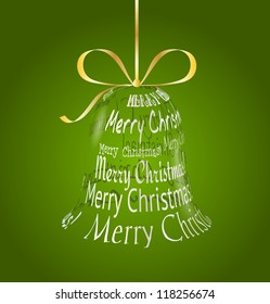 Hanging christmas bell made of "Merry christmas" on green background