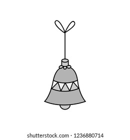 Hanging christmas bell on string vector outlined illustration icon. bell ornament in silver, grey shades. Festive traditional seasonal decoration.