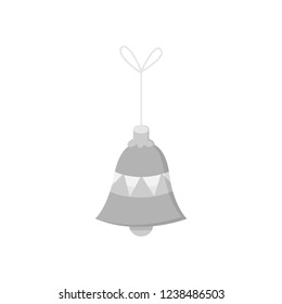 Hanging christmas bell on string vector illustration icon. Bell ornament in silver, grey shades. Festive traditional seasonal decoration.