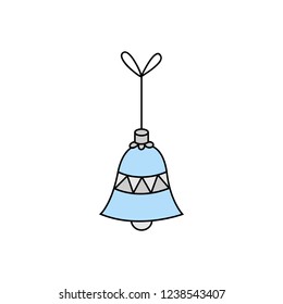 Hanging christmas bell on string vector outlined illustration icon. bell ornament in silver, grey and blue colors. Festive traditional seasonal decoration.