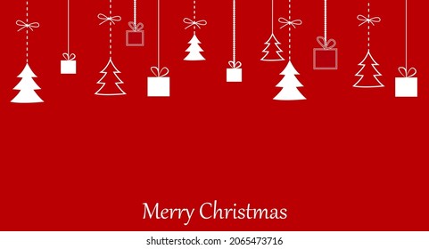  Hanging Christmas cardon a red background. Festive vector background with place for text.A flat vector poster, card invitation, brochure, banner vector for christmas p svg