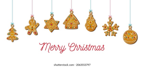 Hanging Christmas cookies in cartoon style. Sweet biscuits in shape of gingerbread man and house, Christmas tree toy and snowman, star and snowflake isolated on white background. Vector illustration