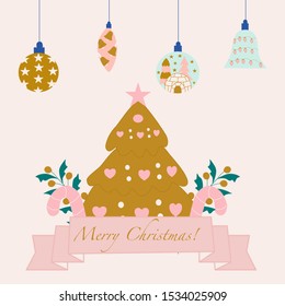 Hanging christmas decoration and golden christmas tree, vector illustration, perfect to use on the web or in print