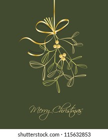 hanging Christmas decoration with mistletoe on green background
