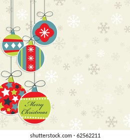 hanging christmas decorations on snowflake background, with clipping mask