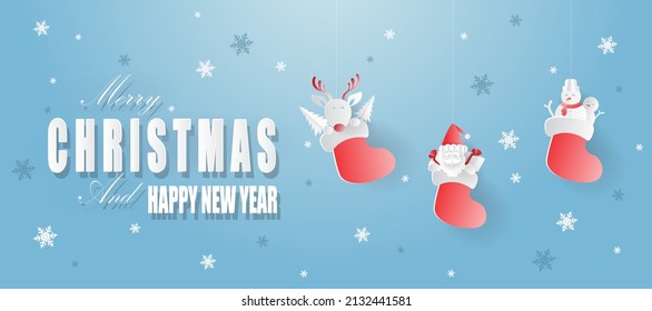 Hanging Christmas decorations, snowman .Santa ,Reindeer in socks  Vector illustration.
