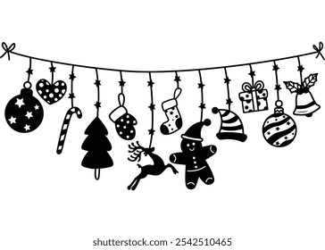 Hanging christmas decorations vector illustration, Christmas element design, Christmas background, Christmas Tree, cookies, Reindeer, Star, Bell with Holly for template, Card, Banner.