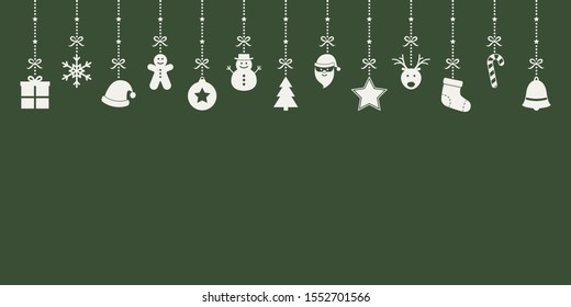 Hanging Christmas elements. Empty card with ornaments and copyspace. Vector illustration