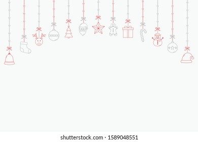 Hanging Christmas elements. Empty card with ornaments and copyspace. Vector illustration