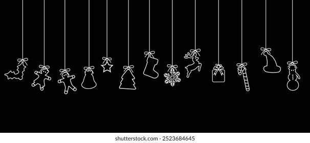 hanging Christmas elements isolated on black background. Christmas and New year Holiday Decorative Outline Elements. Gift Wrapping paper, Card or Banner Template or Fabric Textile Prints.