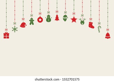 Hanging Christmas elements on background with copyspace. Festive ornament. Vector