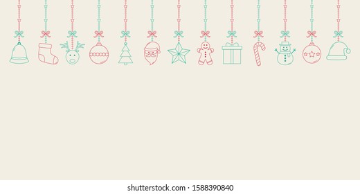 Hanging Christmas elements on background with copyspace. Festive ornament. Vector