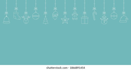 Colgando elementos navideños sobre fondo azul con espacio de copias. Ornamento festivo. Vector