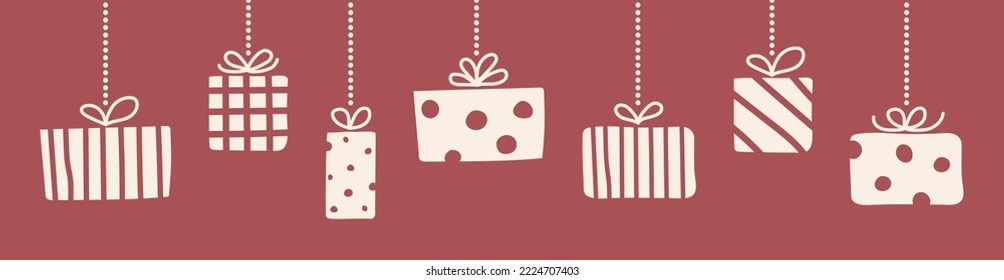 Colgando cajas de regalo de Navidad. Cartel. Vector