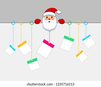Hanging Christmas gift boxes. Present packages on white background. Santa Claus welcome with big signboard. Santa Frost holding empty sign. Isolated objects. Decoration elements. Stickers. Vector.