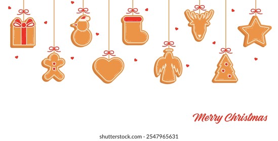 Hanging Christmas gingerbread cookies with icing horizontal banner. Suitable for design of greeting cards, banners, posters, invitation, flyers. Falling snow. Cute childish Vector illustration