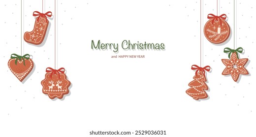 Hanging Christmas gingerbread cookies vector Illustration in cartoon style. Sweet biscuits in a Christmas tree shape, star, heart, sock, snowflake. Vector template with empty space for card or banner.