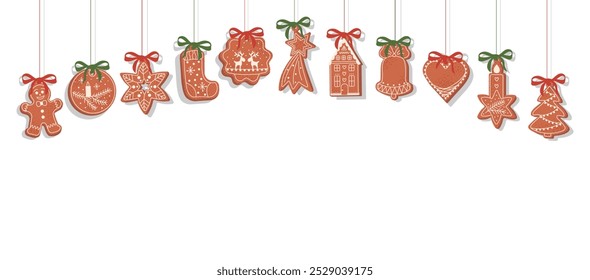 Hanging Christmas gingerbread cookies vector Illustration in cartoon style. Sweet biscuits in a Christmas tree shape, star, heart, sock, snowflake. Vector template with empty space for card or banner