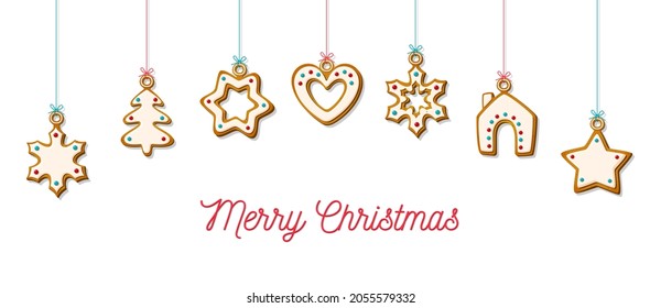 Hanging Christmas gingerbread. Homemade cookies in shape of house and Christmas tree, star and snowflake and heart for festive background and horizontal web banner. Vector illustration