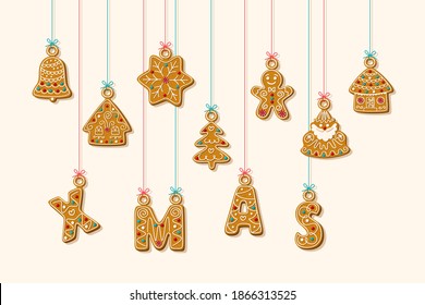 Hanging christmas gingerbread letters and cookies. Xmas phrase with biscuits shaped in house and character man on white background. Vector illustration.