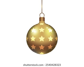 Bola de ouro de Natal pendente com padrão de estrela isolado no fundo transparente. Decoração de Ano Novo