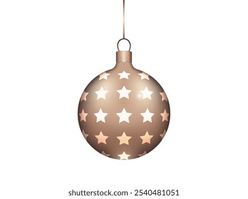 Hanging Christmas gold ball with star pattern isolated on transparent background. Xmas, New Year decoration