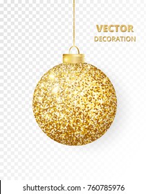 Hanging Christmas golden ball isolated on white. Sparkling glitter texture bauble, holiday decoration. Great for Christmas and New Year design of cards, party posters, banners. Vector illustration.