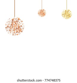Hanging Christmas golden ball isolated on white. Sparkling glitter texture bauble, holiday decoration. Great for Christmas and New Year design of cards, party posters, banners. Vector illustration.