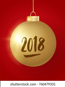 Hanging Christmas golden ball on red background. 2018 hand drawn numbers. Sparkling metal glitter bauble, holiday decoration. For Christmas and New Year design of cards, party posters, banners. 