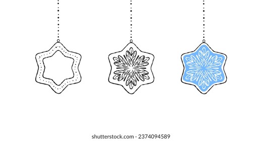 Hanging Christmas icons. Christmas decorations stars. Christmas design. Vector scalable graphics