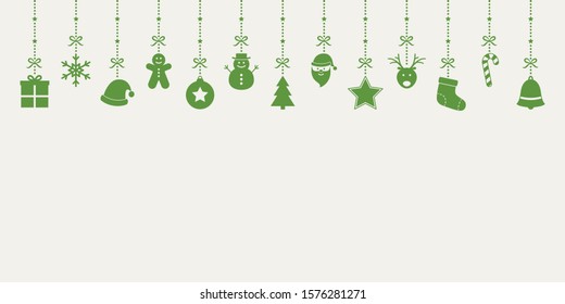 Hanging Christmas icons. Empty card with decorations and copyspace. Vector