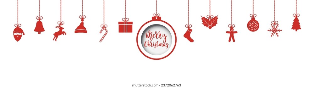 Hanging christmas icons and new year greetings, banner, card. illustrator vector