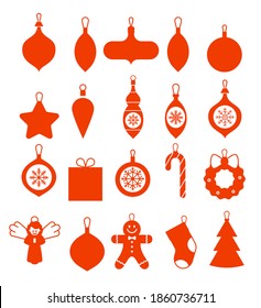 С colección de íconos de navidad colgados. Conjunto de elementos para el diseño navideño. Colección de baudias hermosas. Iconos de Navidad planos. Doodle Big Set. Silhouettes de juguetes de vidrio. Bolas de cristal de Navidad.