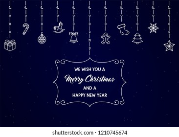 Hanging christmas icons thin line vector design. Christmas card