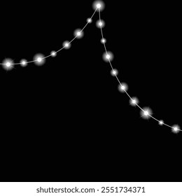 Hanging christmas lights isolated on black background. glowing lights for xmas cards, diwali banners, new year posters. new year party decoration lights
